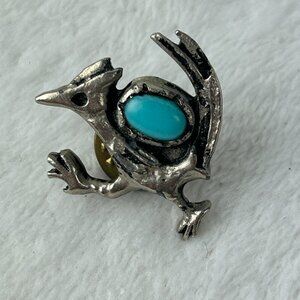 Vintage Roadrunner Silver Tone Enamel  Lapel Pin with Turquoise Stone